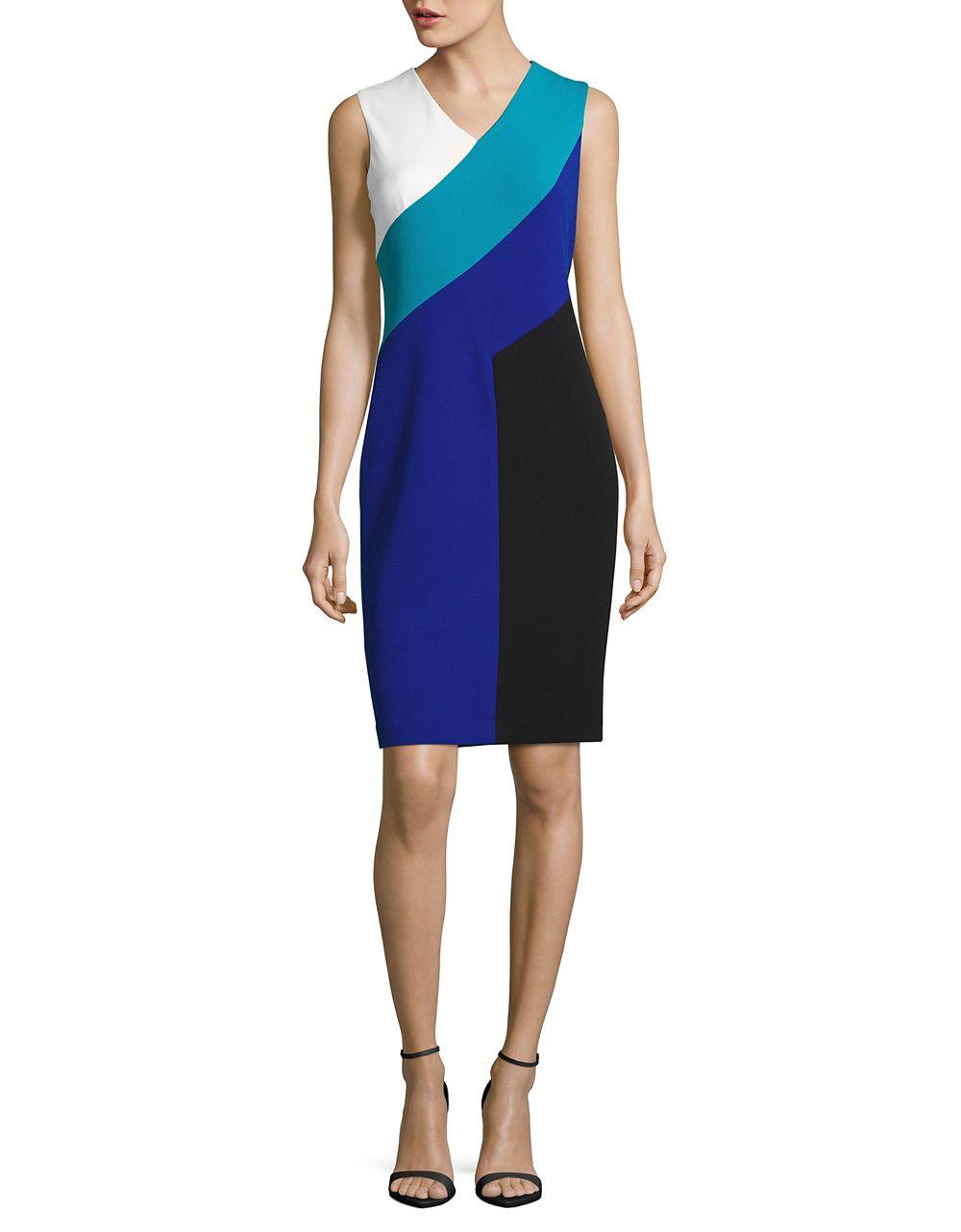 Calvin Klein Synthetic Colorblocked Sheath Dress in White Blue (Blue